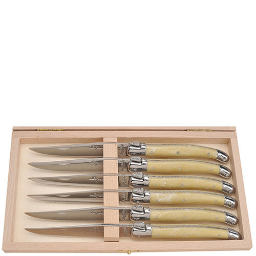 Jean Dubost Steak Knives with Light Horn Handles in Tray - Set of 6