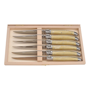 Jean Dubost Steak Knives with Light Horn Handles in Tray - Set of 6