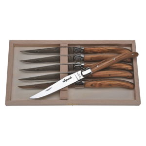 Jean Dubost Steak Knives with Olive Wood Handles in Tray - Set of 6